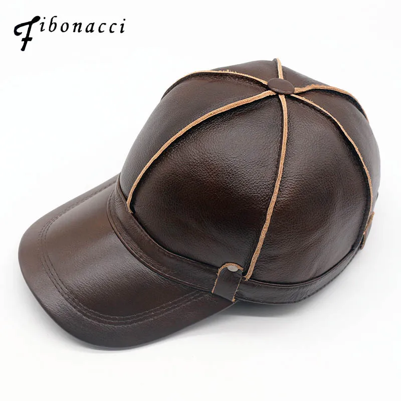 

Fibonacci High quality middle aged men's genuine leather baseball cap autumn winter cowhide 6 panel adjustable ear flap dad cap