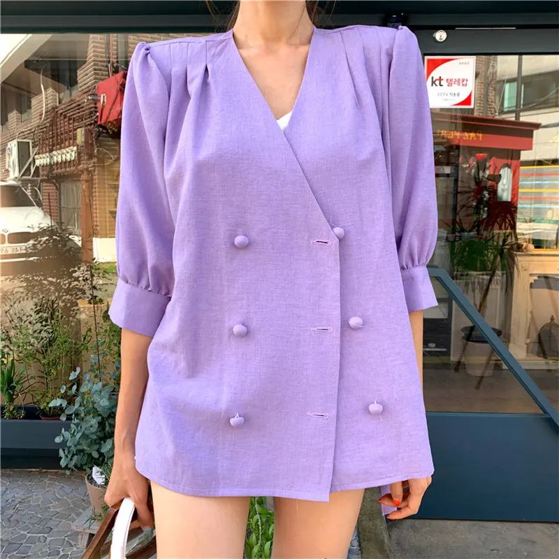 Meilleur HziriP été Chic 2019 corée Simple OL femmes bureau dames mode lâche col en v Double boutonnage Blazer lâche violet Blazer