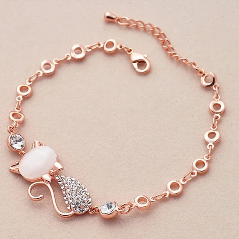 Hot Trendy Jewelry Rose Gold Cute Zircon Cat Bracelets Charms Bracelets