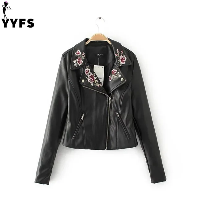 Rose Embroidery basic jacket coat outerwear coats Black faux leather