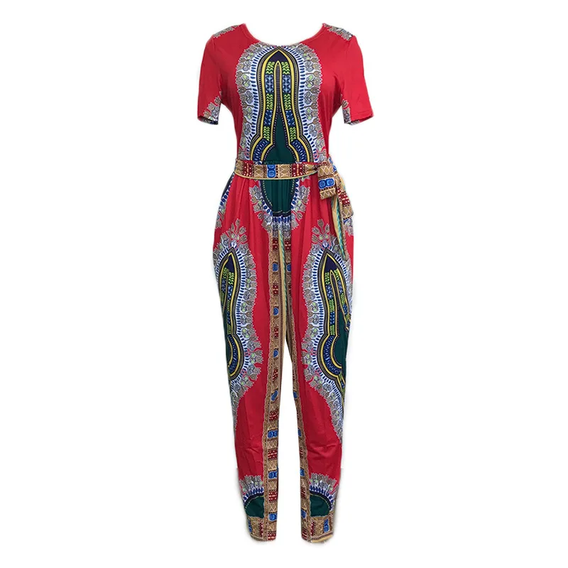 Waistbanded Slim Fitted Bodysuit 2018 autumn women's digital printing jumpsuit waist straps jumpsuit long Bohe onesies Fashion
