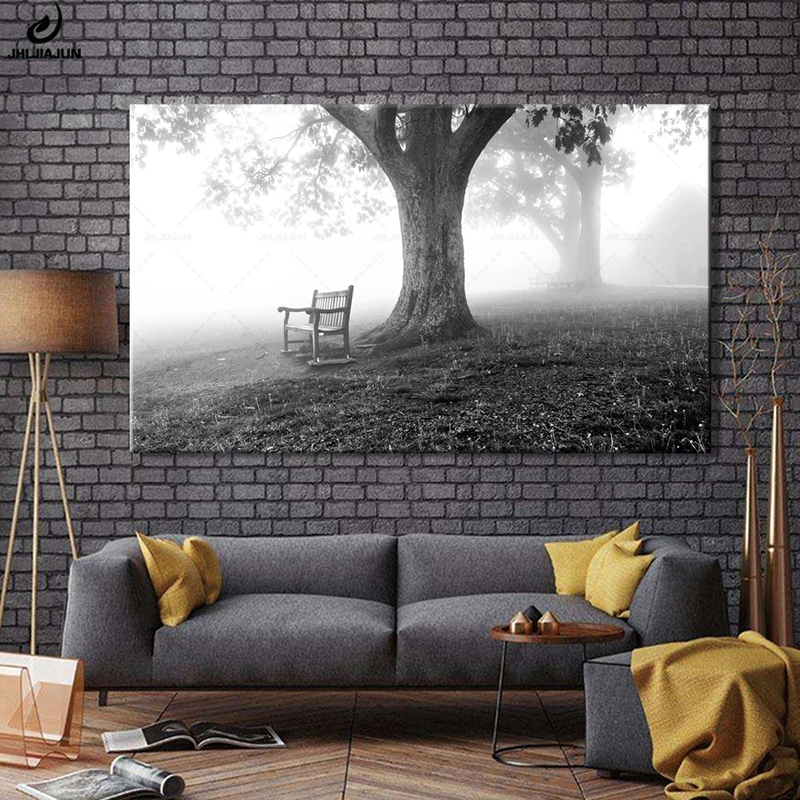 Nature God Fog Forest Park Bench Landscape Art Wall Poster