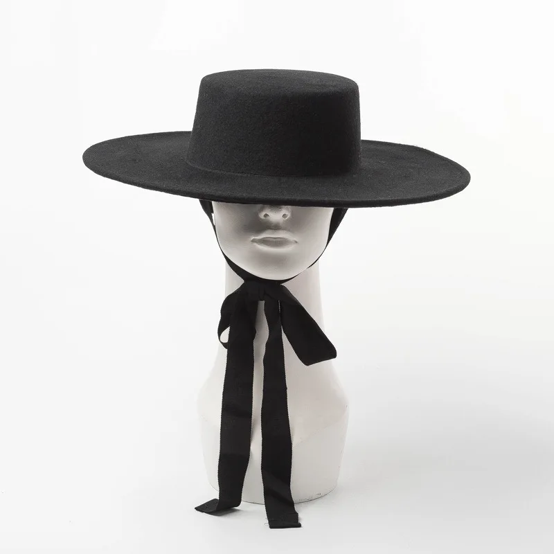 01906-HH8142 autumn winter FLAT jazz cap wool long black ribbon fedoras cap men women leisure panama hat