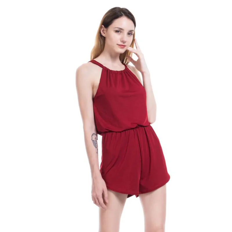 INDJXND на шнуровке модал Playsuit Для женщин г. летние пикантные с открытыми плечами Холтер рукавов Boho комбинезон пляжные вечерние комбинезоны - Цвет: S798 Red wine