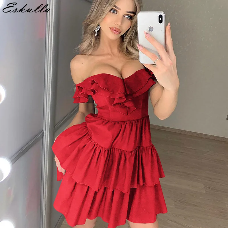 Eskulla летние однотонные новые женские пикантные без бретелек Раффлед рукавов
