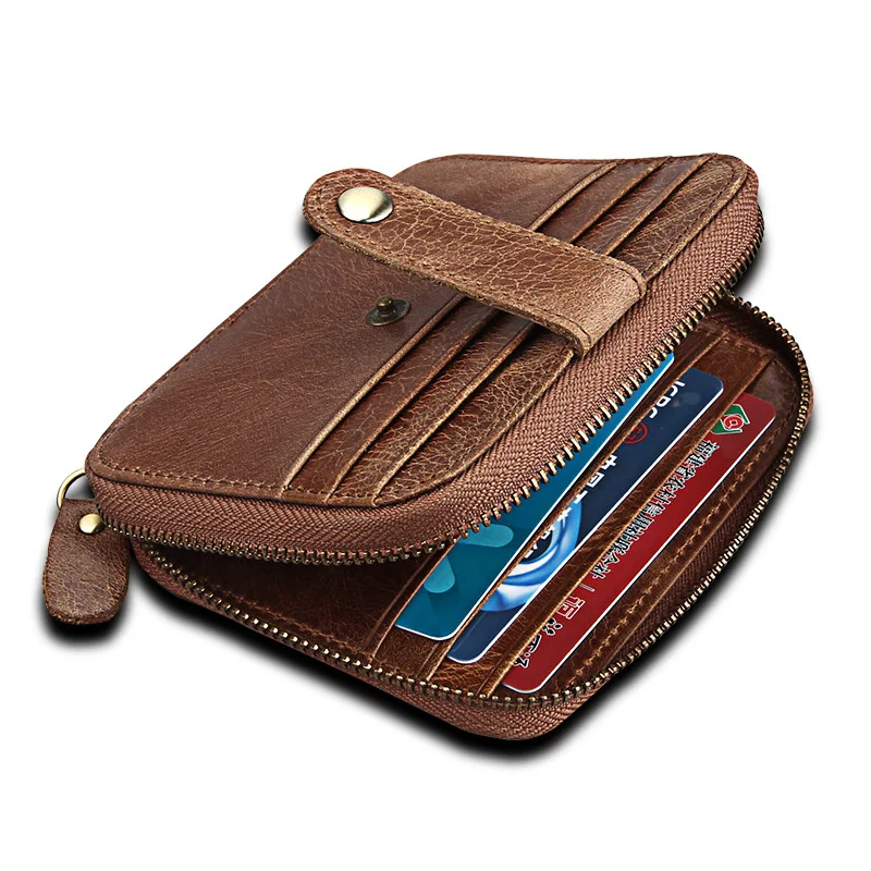 Genuine Leather Vintage Men ID/Credit Card Holder RFID Blocking Women Zipper Purse Business Card