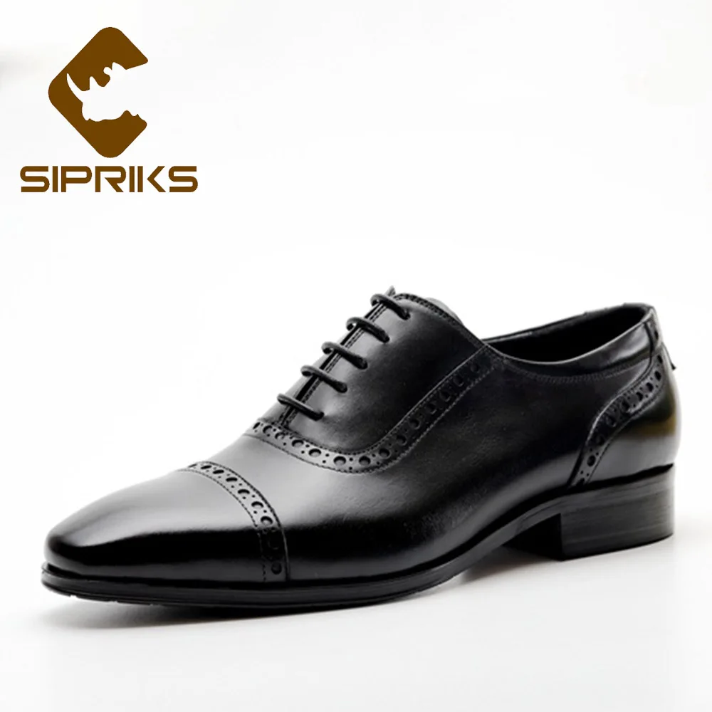 Sipriks mens genuine leather black oxfords square toe brogue shoes cap