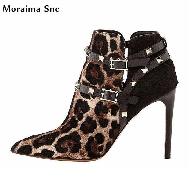 Moraima Snc high quality sexy women Ankle boots pointed toe Ankle strap Rivets studded high heels casual shoes Women's Shoes