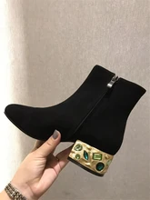

Black Flock Women Ankle Boots Luxury Mix Color Crystal Med Square Heels Zipper Booties Autumn Ladies Leather Shoes
