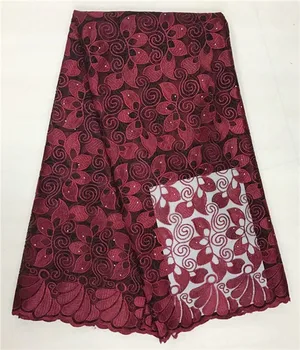 

2019 French Lace Fabric Wedding High Quality Wine red African Tulle Lace Fabric 5 Yard Flowers Embroidered Tulle Lace fabric
