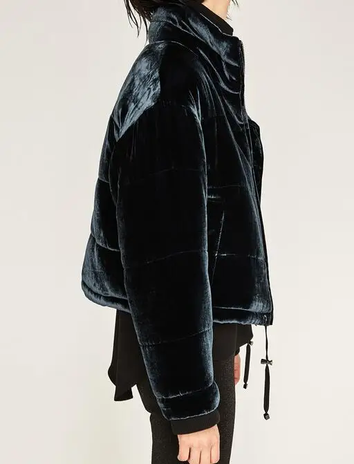 

2016 new Autumn Fashion Navy Blue Velvet Short Jacket Long sleeved Stand Collar Drawstring Hem cropped coat