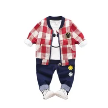 Весенне-Осенняя детская одежда из хлопка для мальчиков и девочек куртка с смайликом для малышей, футболка и штаны 3 шт./компл., детский спортивный костюм на молнии для отдыха