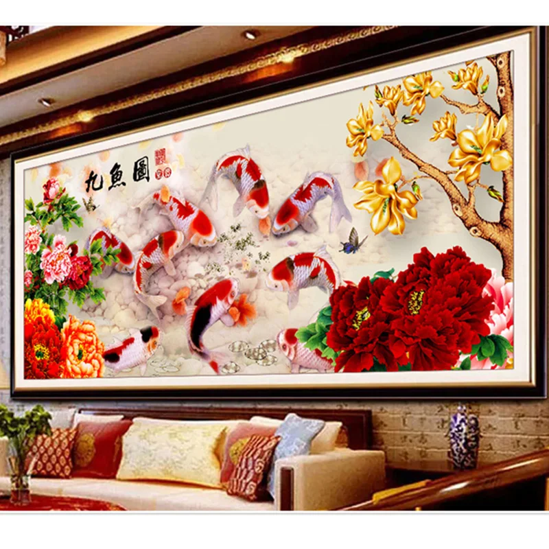 

80x35cm Diamond Embroidery 5D Diy Diamond Painting Nine Fish Picture Needlework Cross Stitch Mosaic Home Decor Wall Sticker Gift