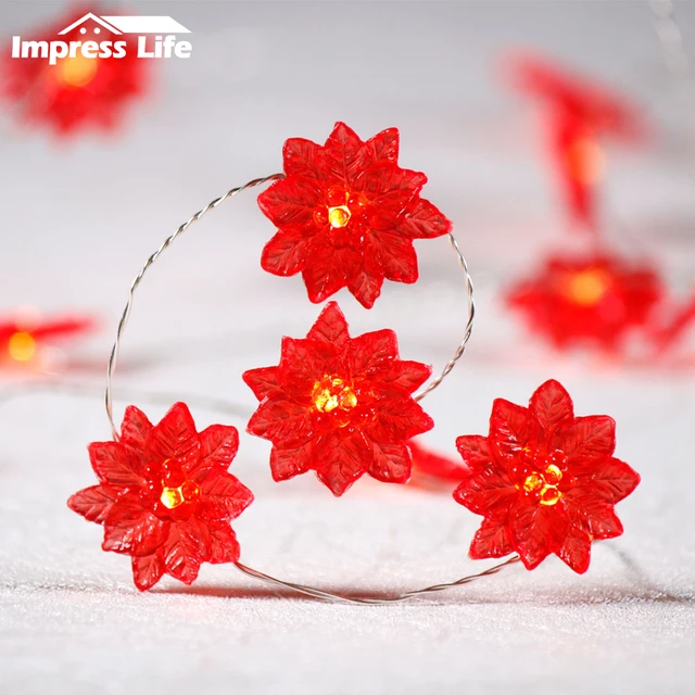 Poinsettia String Lights, 10ft 40 LEDs, Red Flower Christmas Fairy