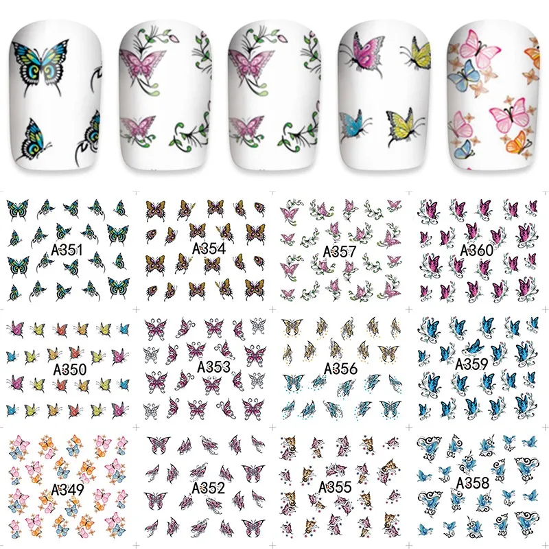12 sheets mixed styles butterfly design Nail Art Water Transfer decals NAIL STICKER SLIDER TATTOO Accessories beauty tools | Красота и
