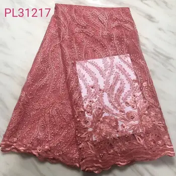 

Pink 2019 African Beaded Tulle Lace Fabric High High Quality Lace Material Net French Embroidery Nigeria Lace Fabric ZA381