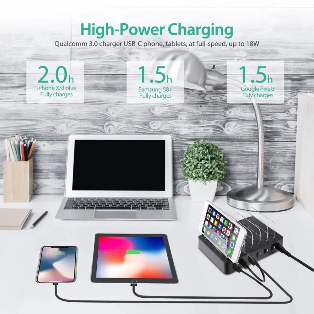 Мульти устройство зарядная станция с QC 3,0 Quick Charge, 6-Порты и разъёмы USB док-станция для зарядки с стенд для часов