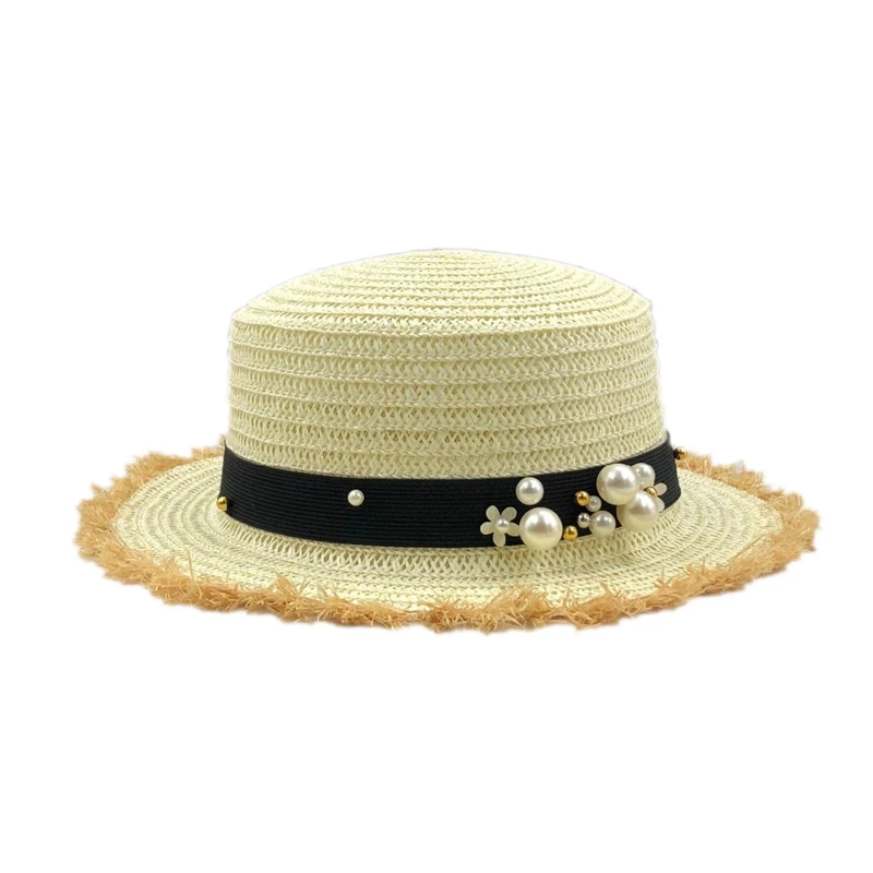 Lovely Flat Top Straw Hat Summer Spring Women'S Trip Caps Leisure Pearl Beach Sun Hats Breathable Fashion Flower Girl Hat