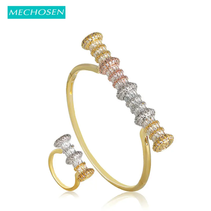 

MECHOSEN Unqiue Design OL Style Copper Bangles Ring Set Rose Gold Color Luxury Zirconia Statement Pulseira Aneis Party Jewelry