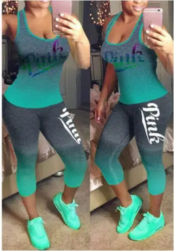 Женский спортивный костюм розовый топ с буквенным принтом и длинные штаны