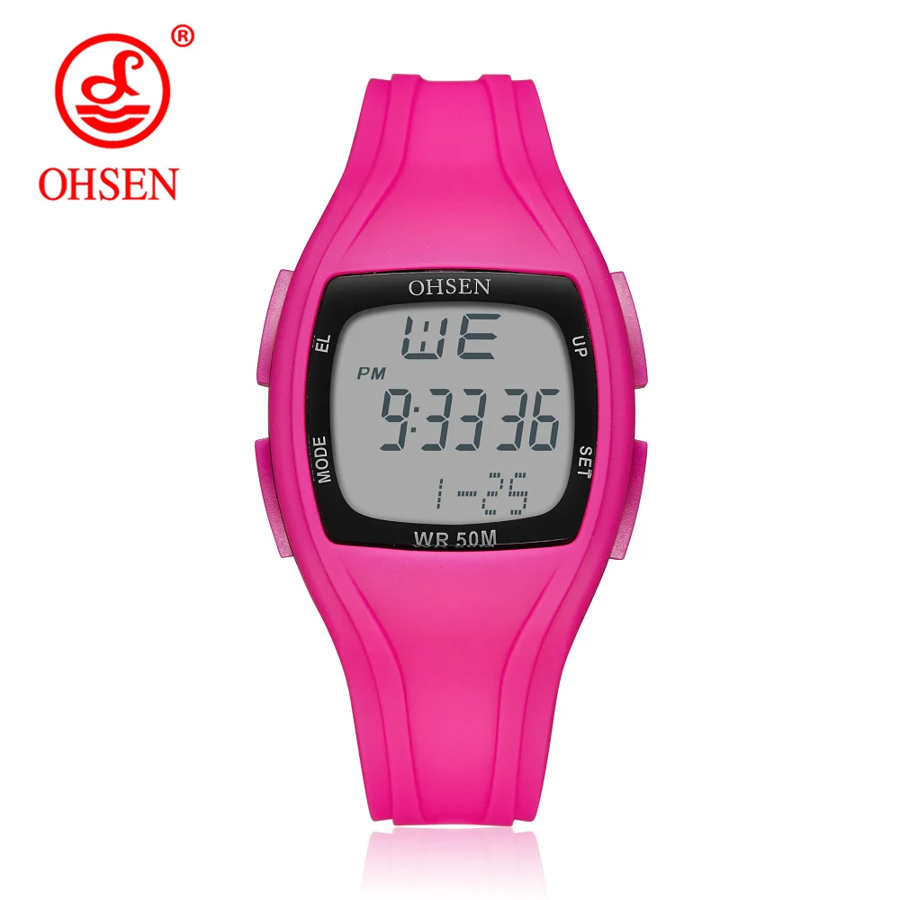 OHSEN Брендовые женские спортивные цифровые ЖК-часы 50 м для дайвинга с фиолетовым циферблатом и силиконовым ремешком водонепроницаемые наручные часы relogio feminino - Цвет: Rose Red Watch