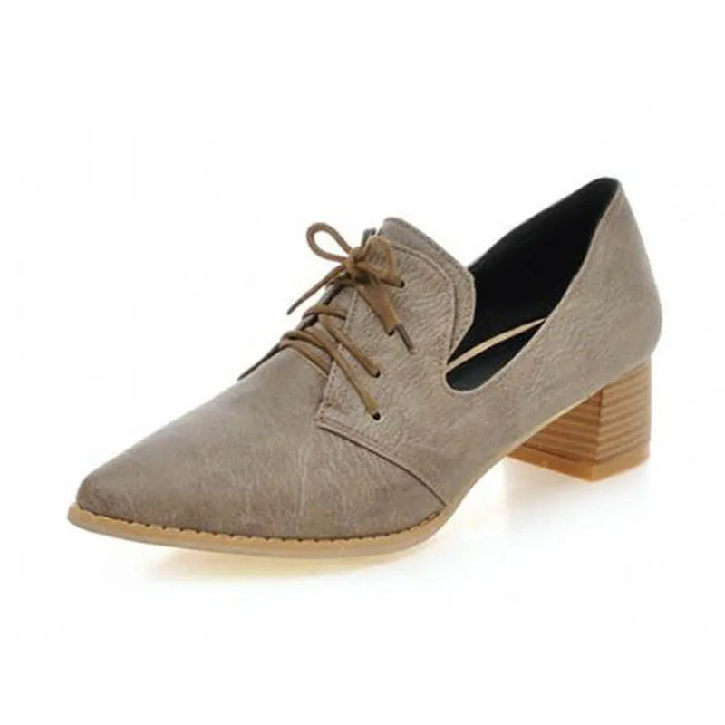 

Fashion Pointed Toe Lace Up Square Heel Women Pumps Ladies Casual Middle Height 4 cm Shoes Vintage England Style Pumps For Women