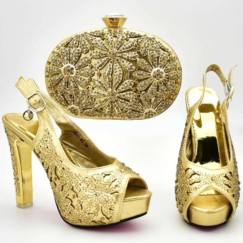 Новейший итальянский дизайнерский комплект из туфель и сумочки, украшенный стразами; комплект из туфель и сумочки в африканском стиле; женские туфли на каблуке - Цвет: Золотой