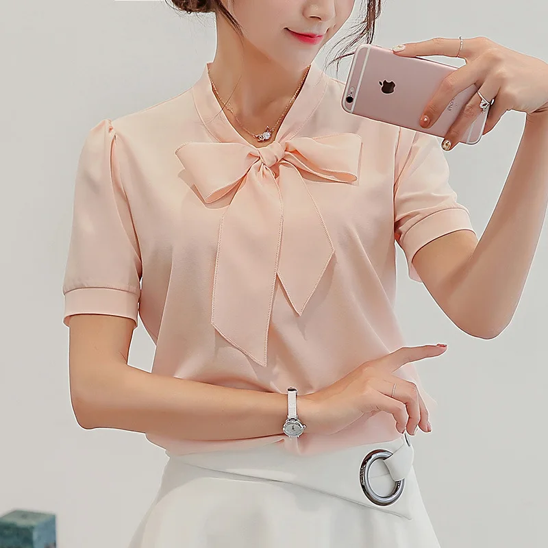 2018 Summer European style Blouse Short Sleeve Temperament Ladies Chiffon Shirts bow-knot Solid Colours Ladies Tops Plus Size