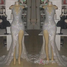 Новинка, блестящие Серебристые платья для выпускного вечера, длинное платье с лямкой на шее, с разрезом по бокам, вечерняя одежда, торжественное платье, vestidos