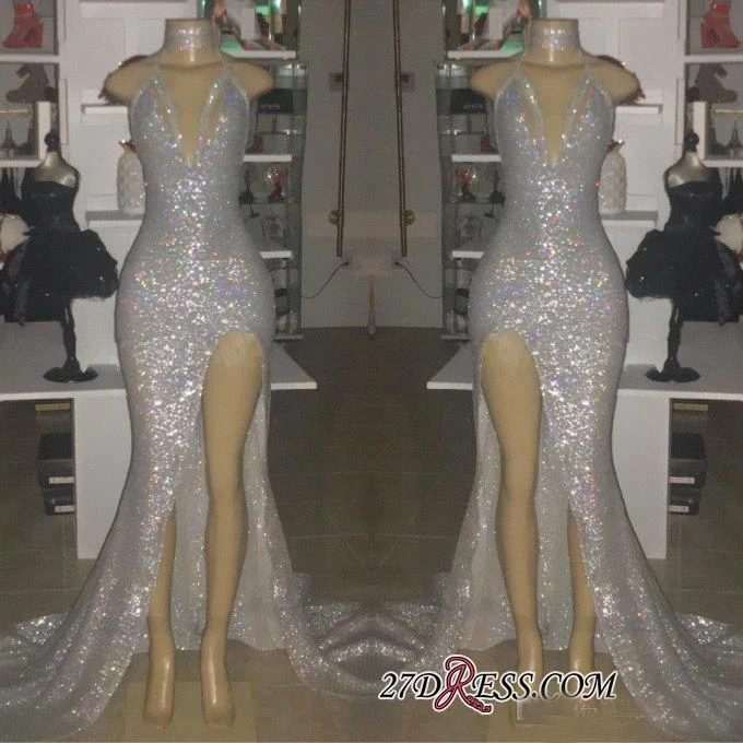 

2019 New Sparkly Silver Mermaid Prom Dresses Long Halter Neck High Side Split Evening Party Wear Formal Dress vestidos