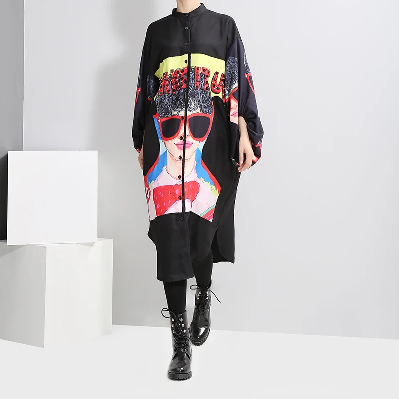 New 2018 Women Plus Size Long Black Printed Shirt Dress Lantern Sleeve Boho Chic Style Female Big Size Loose Dress Vestidos 2912