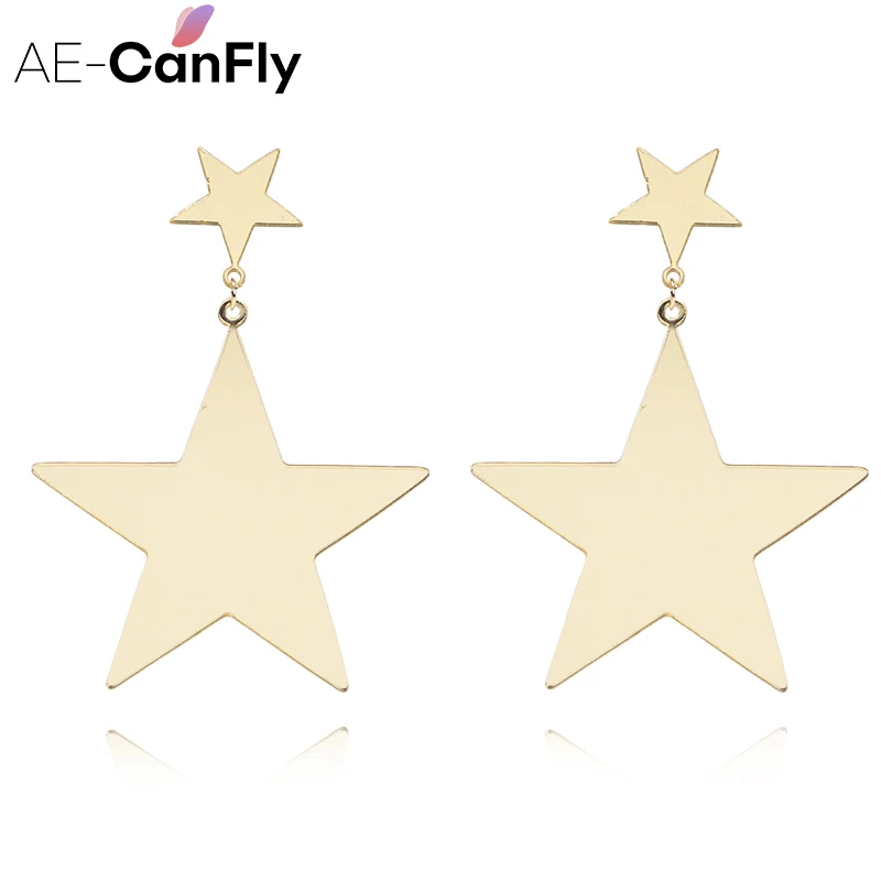 

AE-CANFLY New Gold Big Acrylic Star Dangle Earrings Mirror Design Statement Drop Earrings 2B5028