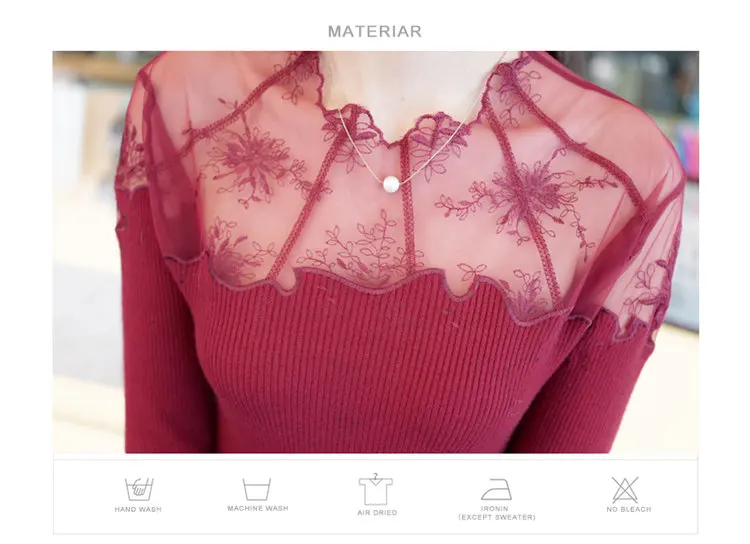 Sexy Slim Pullovers Female 2019 New Long Sleeve Gauze Lace Stitching Sweater Women Fashion Knitted Sweater Sueter Mujer (2)