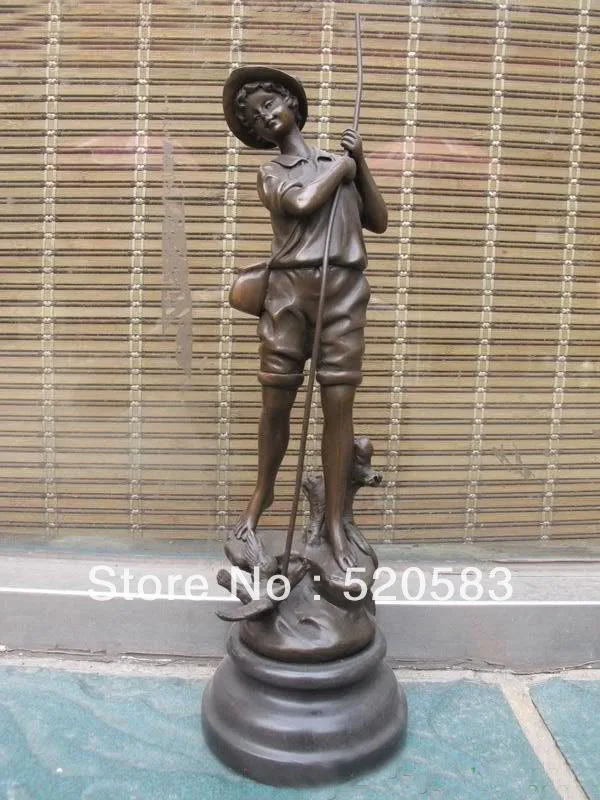 SCY 14"Western 100 Bronze Marble statue ART Fishing girl and ducks