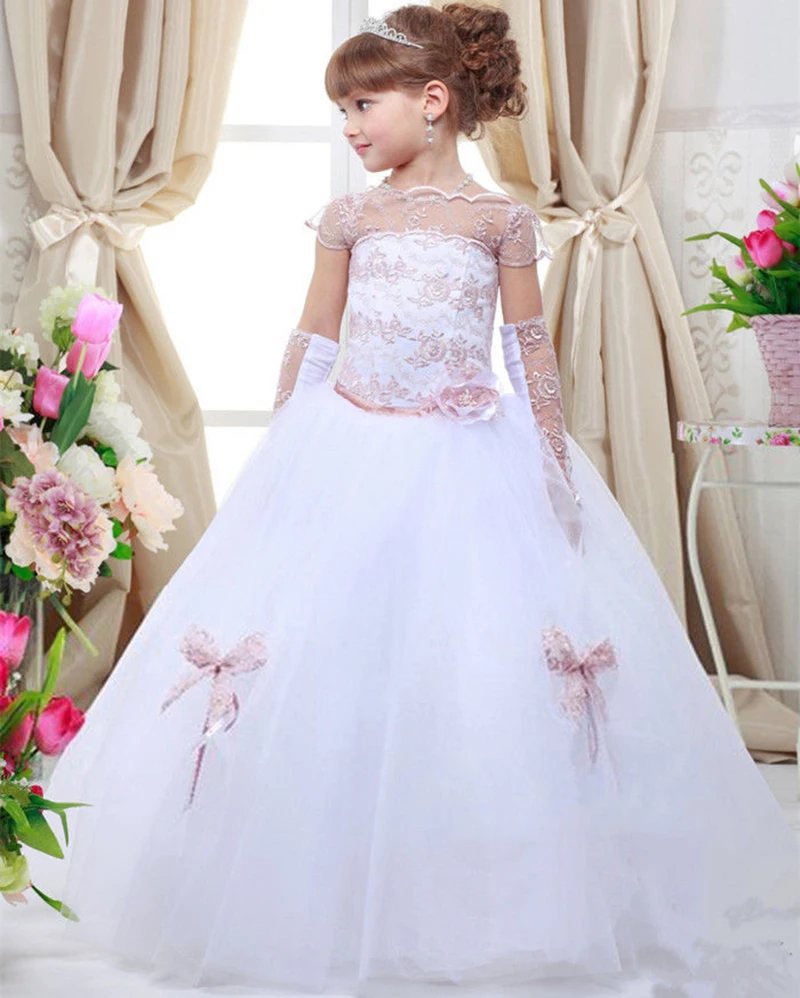 White Lace Flower Girl Dresses Tutu Party Birthday Ball Gown Lace Up