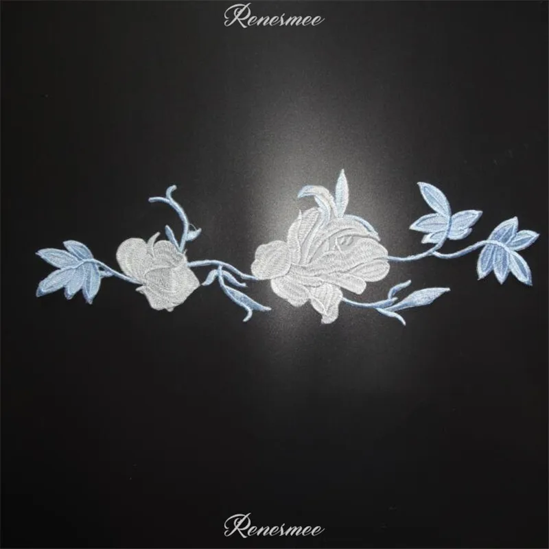 

2Pcs 29X9.5cm Sky blue Flower Applique Clothing Embroidery Patch Fabric Sticker Iron On Patch Craft Sewing Repair SX103