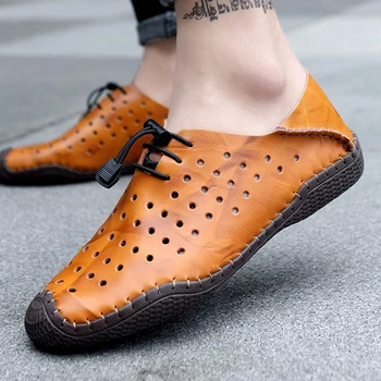 

Summer genuine leather men sport sandals breathable hollow running shoes men upstream running sandals men running sneakers