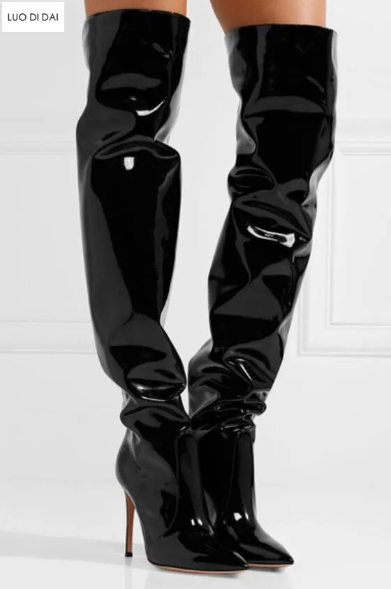 Cuir Toe Cuissardes Noir Nouvelles Bottes Dames Chaussons Botas Point Haute Miroir Genou 2019 Slip Sur Femmes Longues En t81qwz