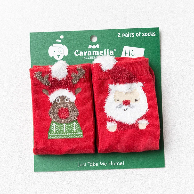 Caramella/, 2 пары/карты, хлопковые, Meias, Санта Клаус, рождественское лось, теплые, милые, 3d рисунки животных, Мультяшные носки для женщин - Цвет: 60207