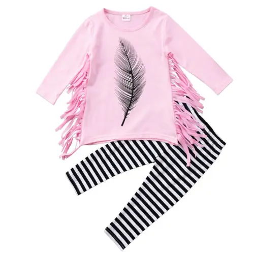 Tassel Girl Top T-Shirts Long Sleeve Striped Pants Kids Baby Girls Clothes Sets Cotton Cute Outfits Clothing Set Toddler