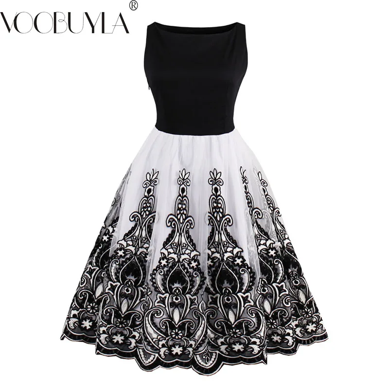 

Voobuyla Women Vintage Style Dresses Floral Print Party Dress Embroidery Elegant Female Retro Flocking Tank Sleeveless Dresses