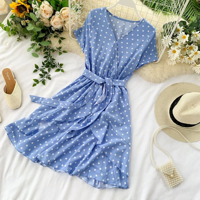 Vintage Polka Dot Print V Neck Ruffles Short Bandage Dress Chiffon Summer Party Women Casual High Waist Beach Dresses