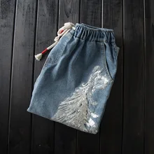 Штаны для девочек с завязками, кружева с эластичной талией джинсы с блестками свободного кроя в стиле ретро окантовка лето стиль Штаны для женщин