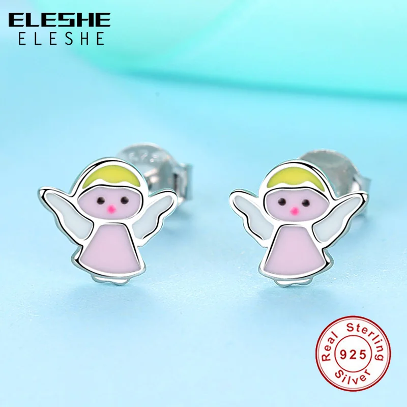 ELESHE Cute Children Jewelry 925 Sterling Silver Earrings Pink Enamel Angel Small Stud Earrings For Child Girls Baby Bijoux Gift