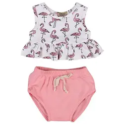 Одежда для маленьких девочек, футболка без рукавов с оборками и фламинго + штаны-шаровары, верхняя одежда для малышей, летний костюм для