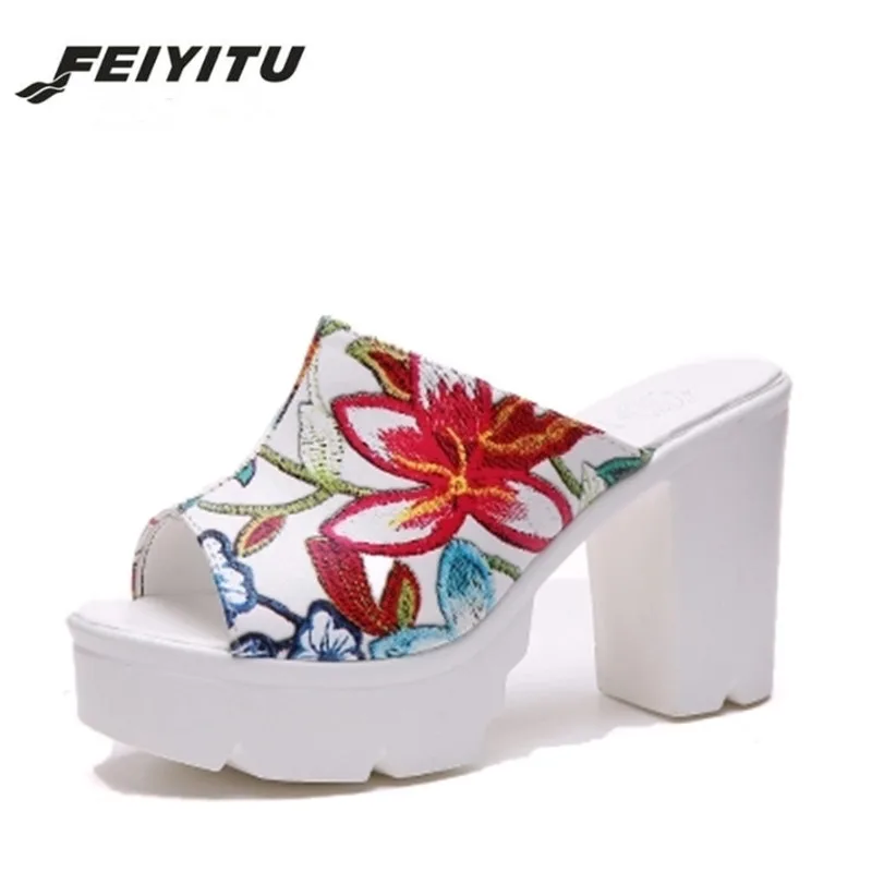 

FeiYiTu 2019 Lady Embroidered High Heels Summer platform Open Toe slipper Women Shoes New Arrival Wedges high heel slipper