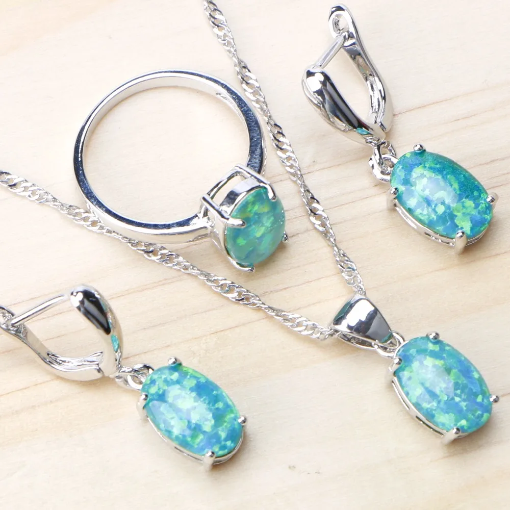 Ceny 925 Sterling srebrna biżuteria ślubna zestawy Australia jaj kolczyki z opalami dla kobiet biżuteria ślubna dla nowożeńców wisiorek naszyjnik zestaw pierścieni pudełko na prezent