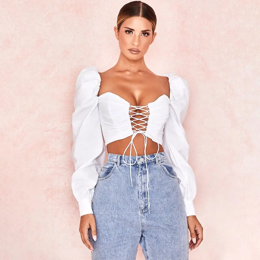

Pure Color Crop Top Belted Bubble Sleeves T-shirt