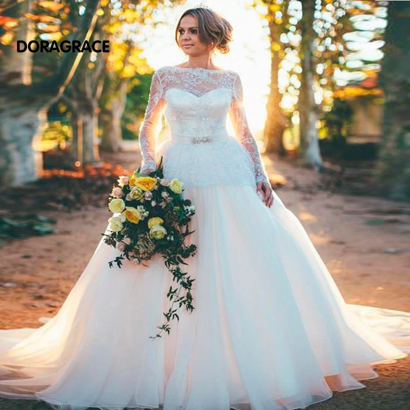 

Vestido de Noiva Applique Tulle Long Sleeve Lace Wedding Dresses A Line Backless Wedding Gowns DG0010