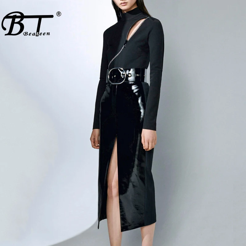 

Beateen 2019 New Fashion 2 Piece Women's Sets Features Zipper Turtleneck Long Sleeves Bodysuit Front Slit PU Skirt With Belt
